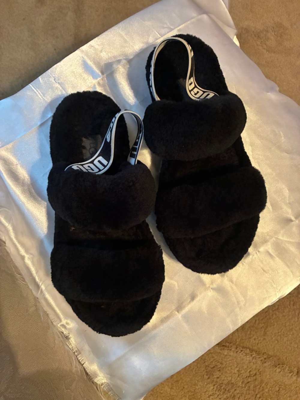 UGG Black Shearling Double-Band Slide Sandals with Branded Heel Strap